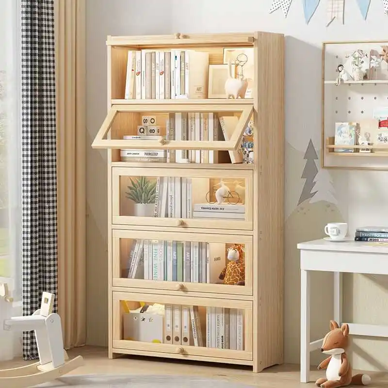 Solid wood turning transparent door student book storage cabinet custom multi-layer floor solid wood bookshelf bookcase ornament