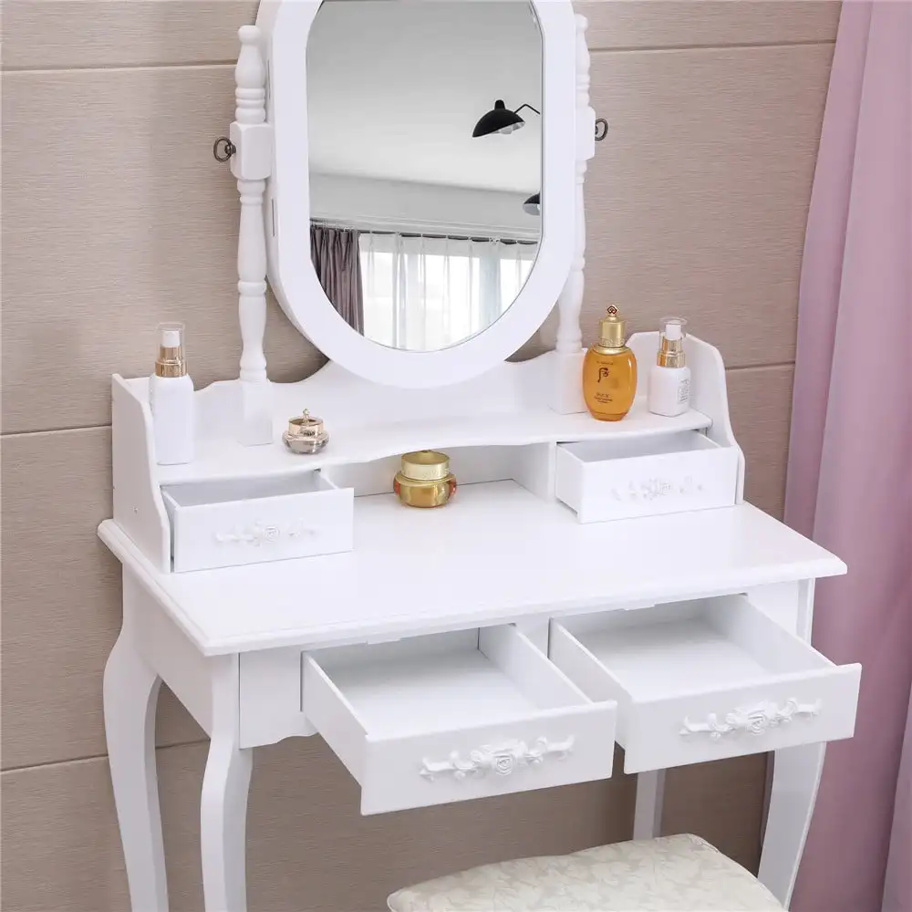 Meja rias wajah kayu perhiasan Vanity dengan Set meja rias dengan bangku kabinet cermin & 4 laci rias dan celana dalam