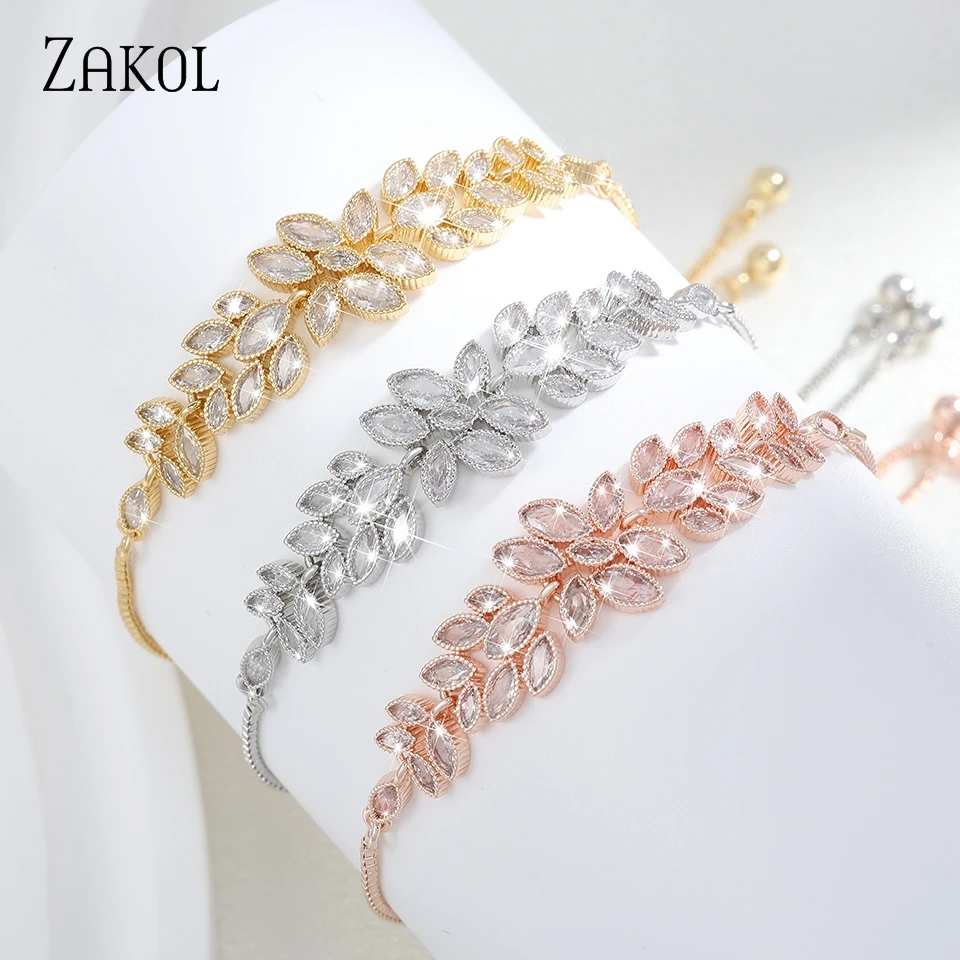 ZAKOL Fashion Cubic Zirconia Adjustable Bracelets for Women Exquisite Leaf Wedding Jewelry Gifts BP2096