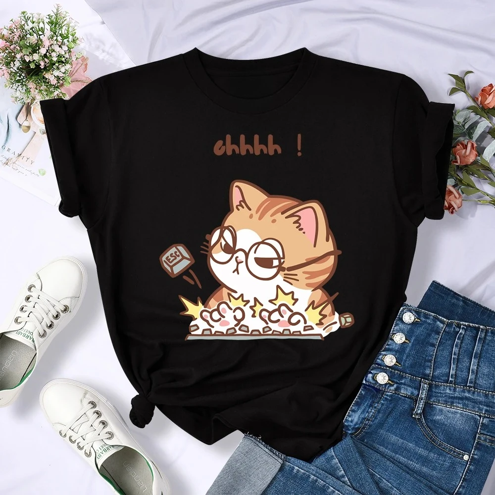 Camiseta mit Estampado de Ucus Animados für DamenTop Ucado und Suave mit Cuello Redondo Ropa informelles Crazy Cat Typing