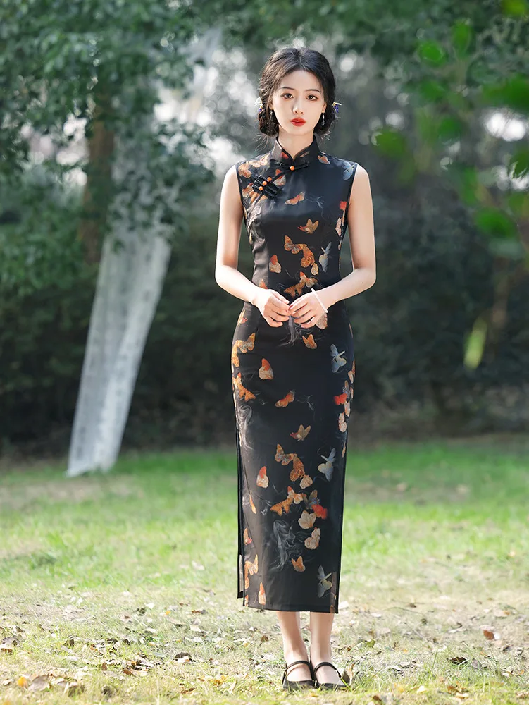 

Sleeveless Qipao 2024 New Summer Retro Old Shanghai Style New Chinese Black Qipao Women's Cheongsam Dress