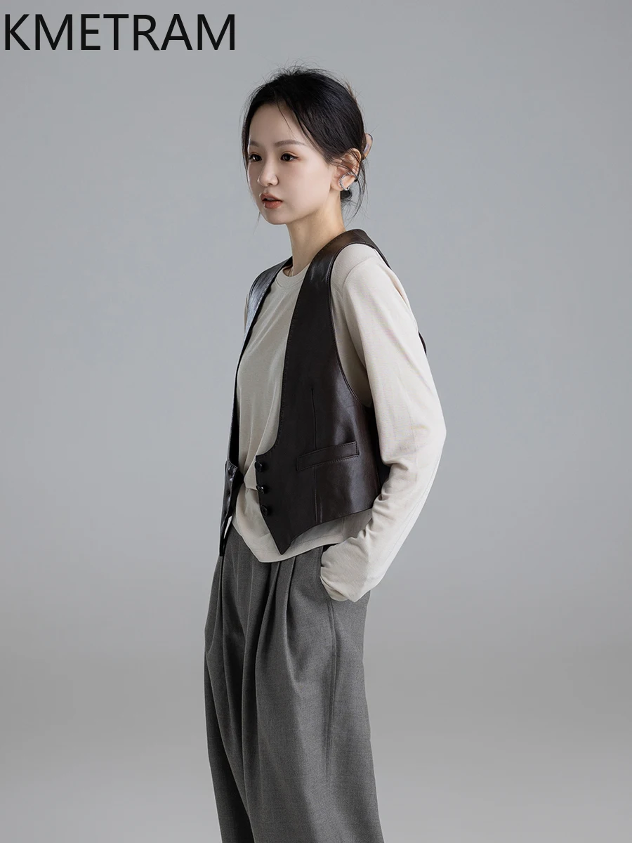 KMETRAM U-förmige Weste aus natürlichem Schaffell, kurz, neue Echtlederjacke, 2025, Herbstmäntel für Damen, Lederjacke Damen Ees Leder