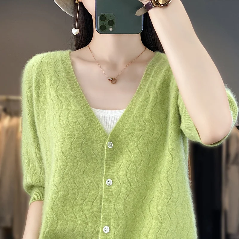 Women\'s T-shirt Summer New Line Hollow V-neck Fashion Knitted Loose Cardigan Top 100% Pure Wool Large Jacket Tank Top Tees