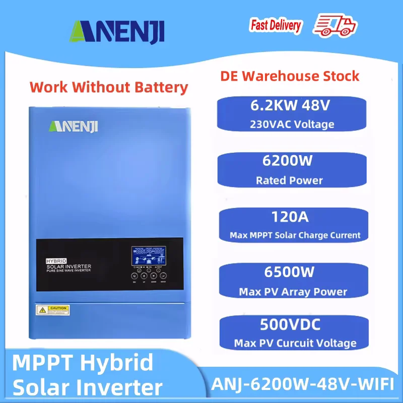 6.2KW Hybrid Solar Inverter 48V 230V Pure Sine Wave Off Grid Inverter Built 120A MPPT Solar Charge Controller EU In Stock