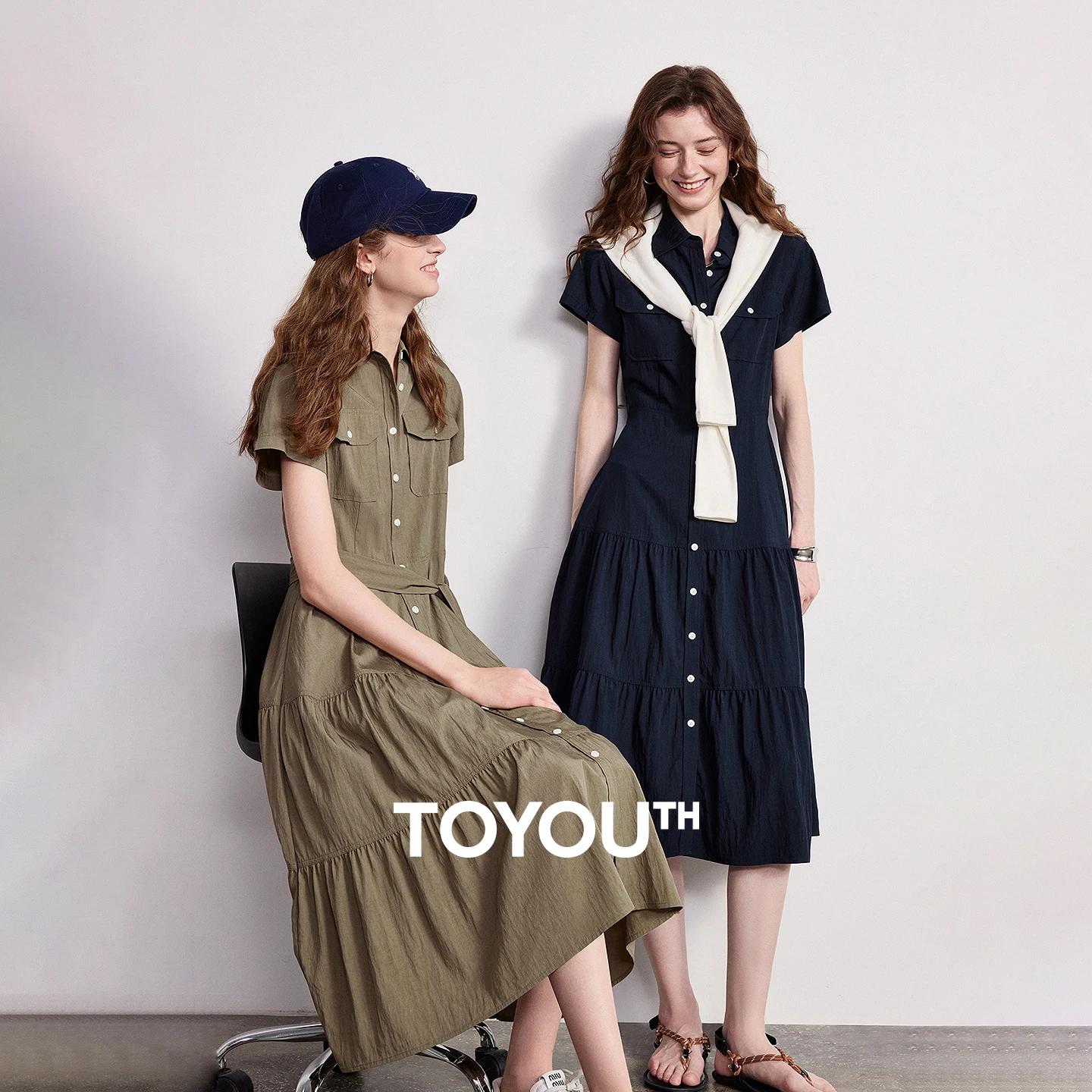 TOYOUTH Women Textured Dress 2026 Spring New Intellectual Style Waist-Defining Midi Shirt Dress