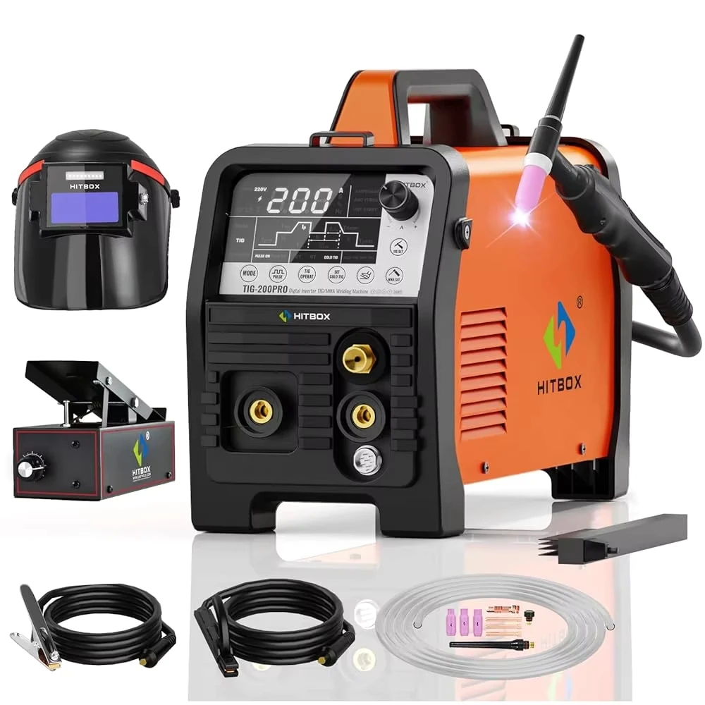 HITBOX TIG200PRO Digitaler Inverter-TIG-Kalt-Schweißer mit Fußpedal, Kalt-Schweißhelm, 200A, 6-in-1, Spot-Puls-HF-TIG-ARC/MMA/Stick, 2T/4T, ARC Force, Hot Start, LED-Bildschirm,