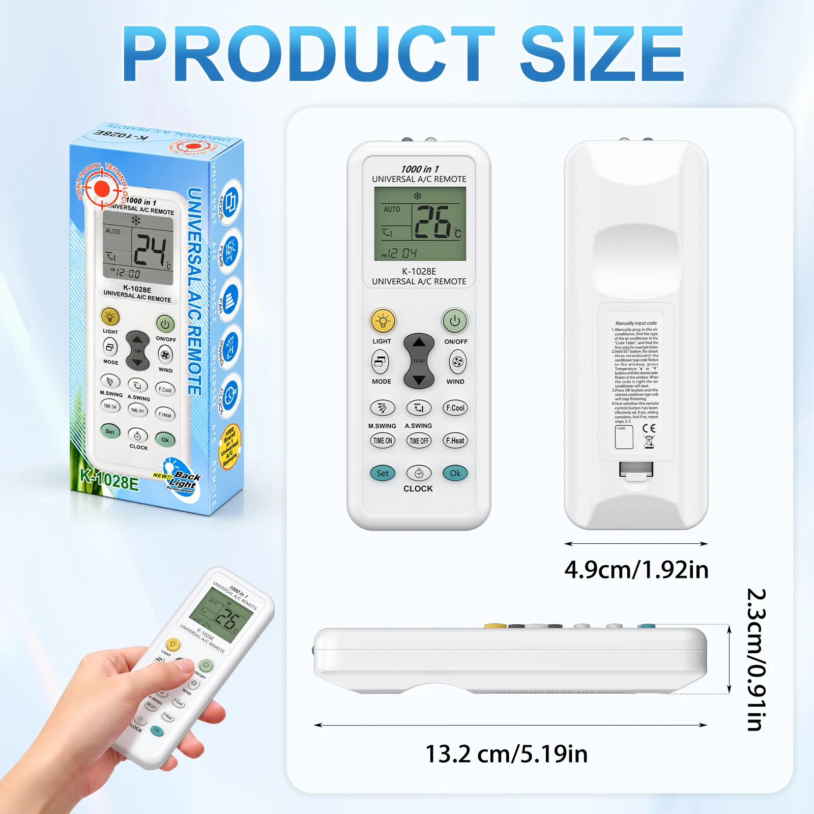 1000 In 1 Universal K-1028E Air Conditioner A/C Remote Control For Gree Midea Toshiba Haier Daikin Hitachi Sharp Panasonic Sanyo
