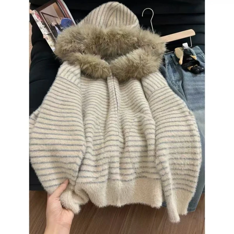 Y2k Vintage Long Sleeve Striped Hoodie Faux Fur Collar Patchwork Korean Knitted Hooded Cardigan Top Women Casual Autumn Winter