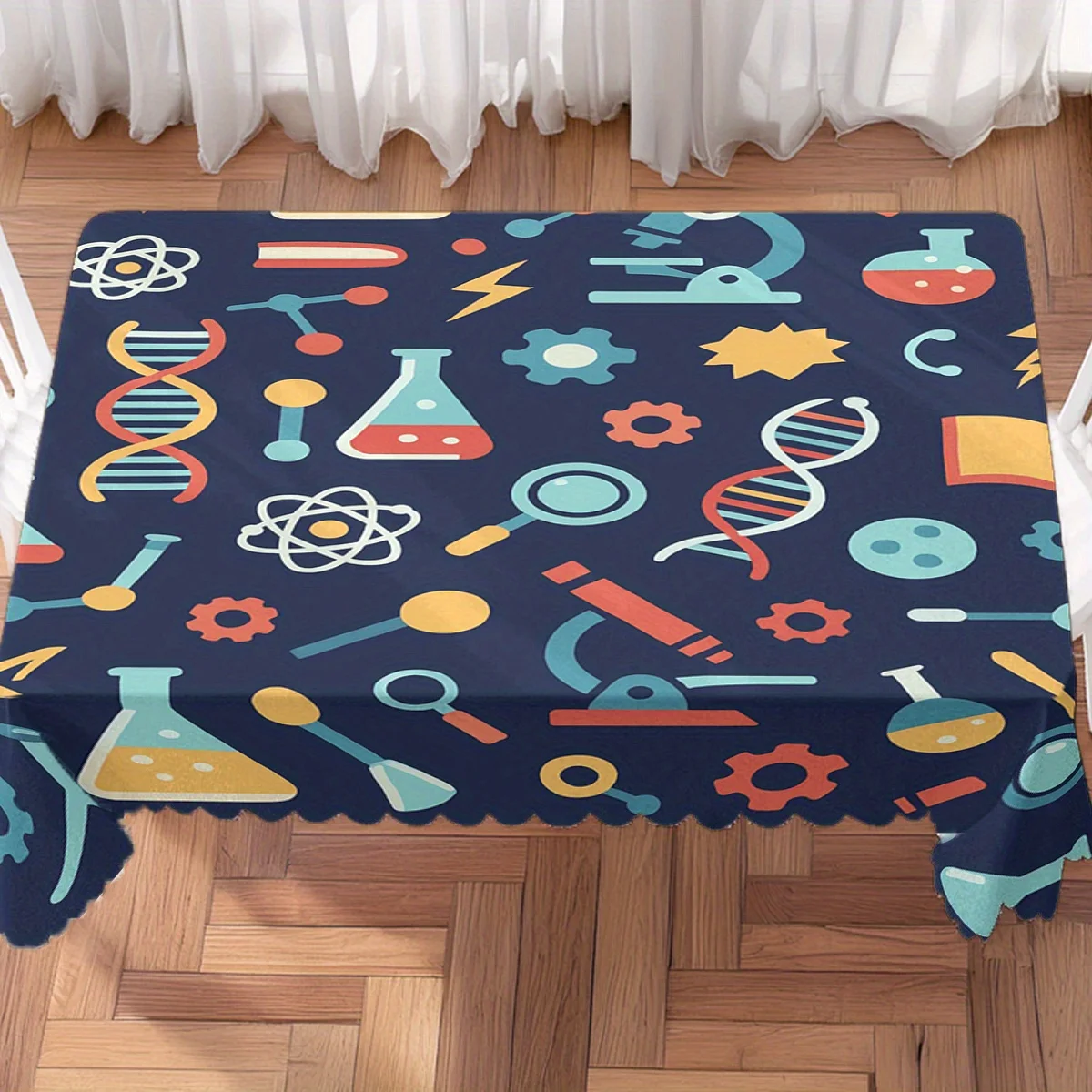 Cute Science Lab Element Repeat Pattern Waterproof Tablecloth, Rectangular Cover for Home Dining Kids Science Themed Party Decor
