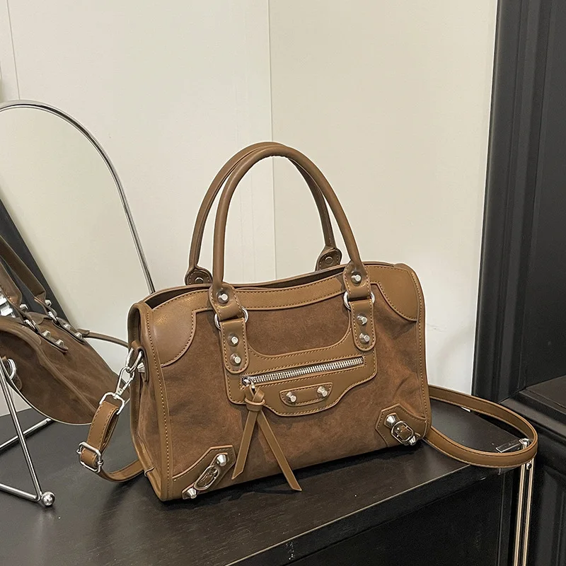 

Spacious Vintage Versatile Tote Bag - Women's Suede Studded Biker Bag, Fashion Shoulder Crossbody Bag