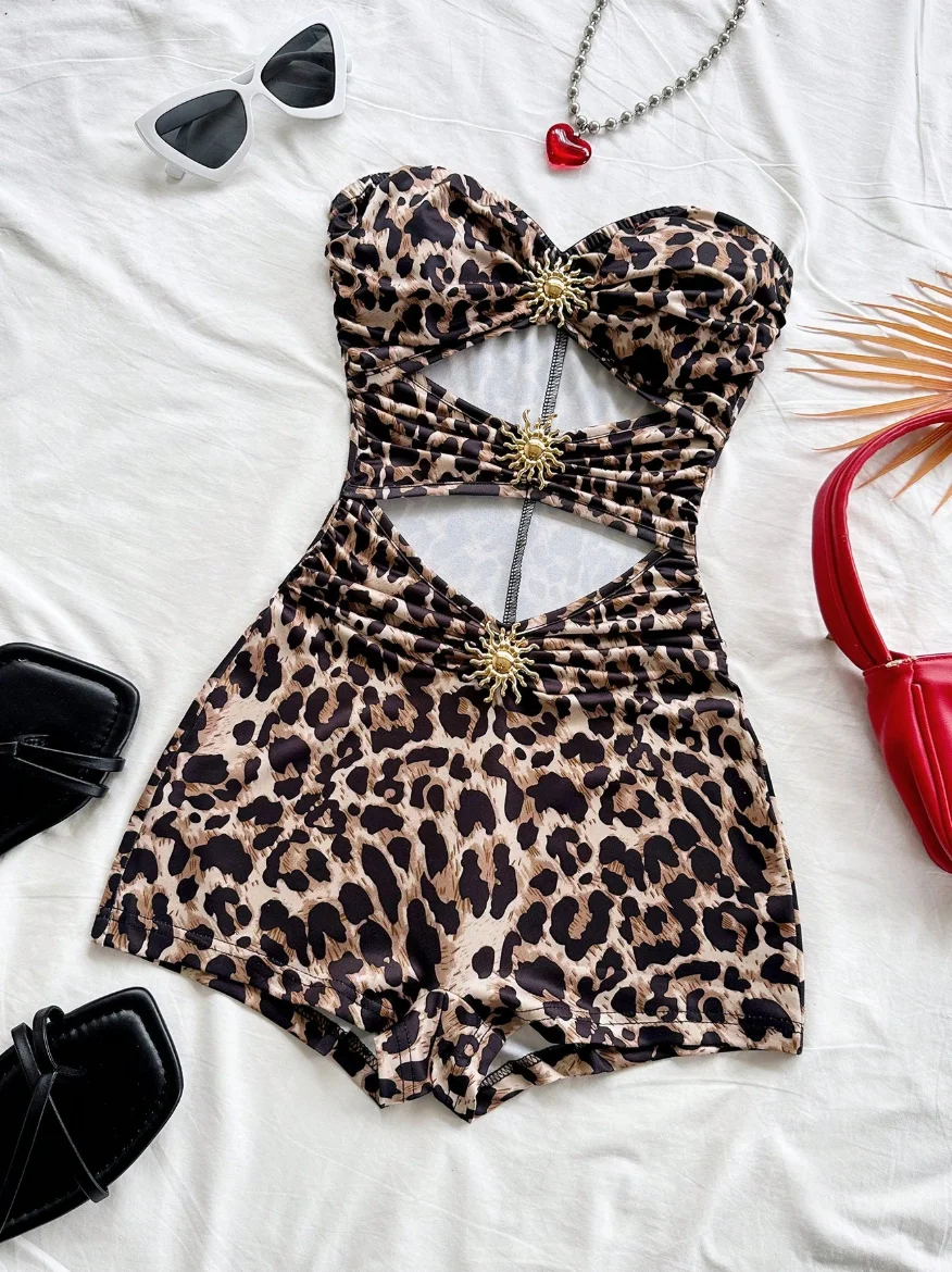 Women's Classic Retro Leopard Print Jumpsuit Metallic Accessory Set for Vacations Parties Dates Afternoon Tea
