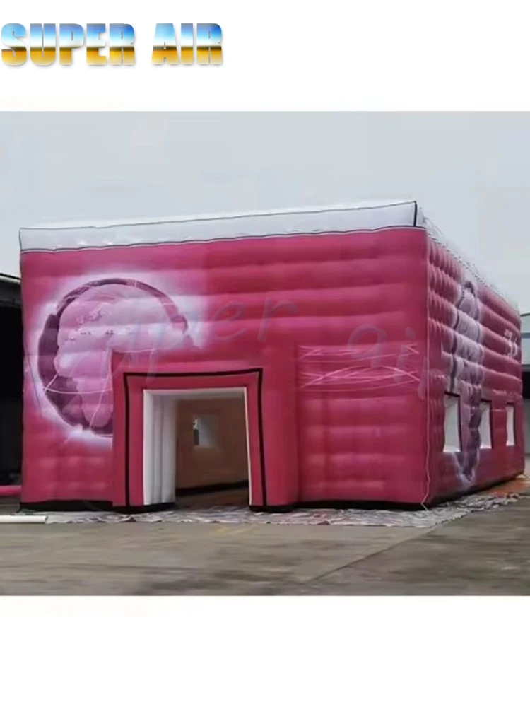 Giant Pink Inflatable Cube Tent with Earth Pattern, Commercial Grade Oxford Fabric Air Tent for Party, Exhibition