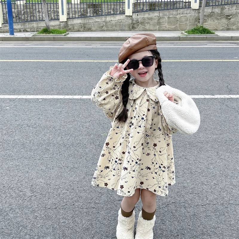 Childrens Dress Korean Girls Spring and Autumn Rural Style Apricot Bottom Floral Lapel Long Sleeved Shirt Princess Dress