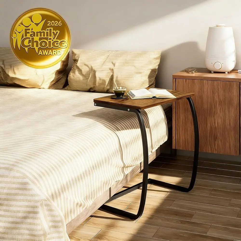 Side Table End Table Vintage C-Shaped Couch Laptop Coffee Snack Walnut