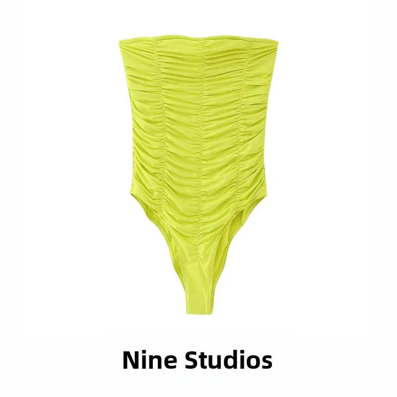 

NINE ZA Women's One-Piece Swimsuit oulder Bared Pleated Design Slim Fit High Waist ort Pants Polyester Fiber Commute Sle