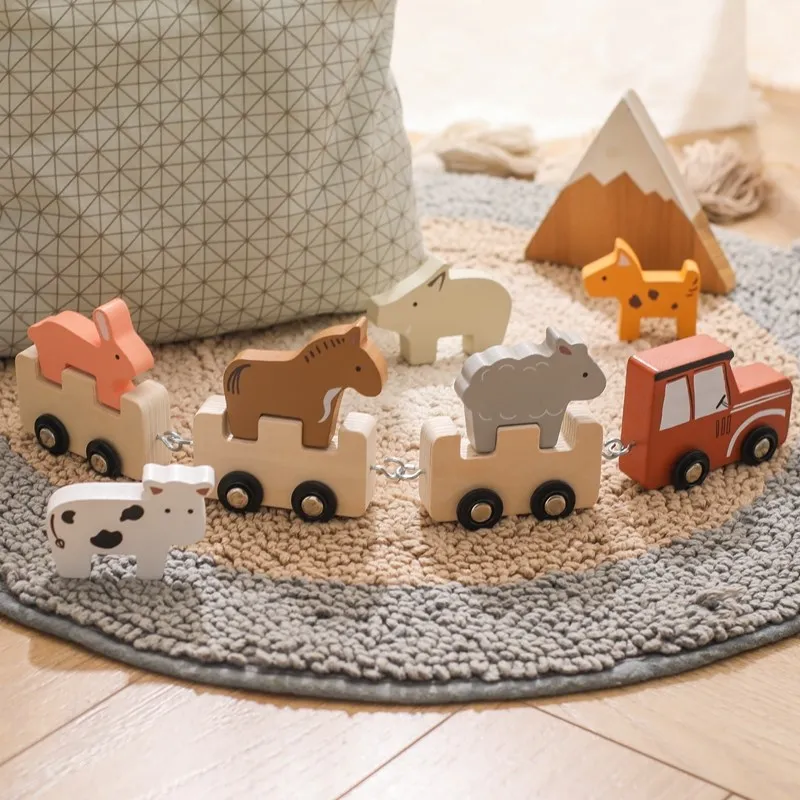 Baby Wooden Train Building Blocks Farm Animals Stacking Educational Toys Children Montessori Stacker Toys for Children Gifts