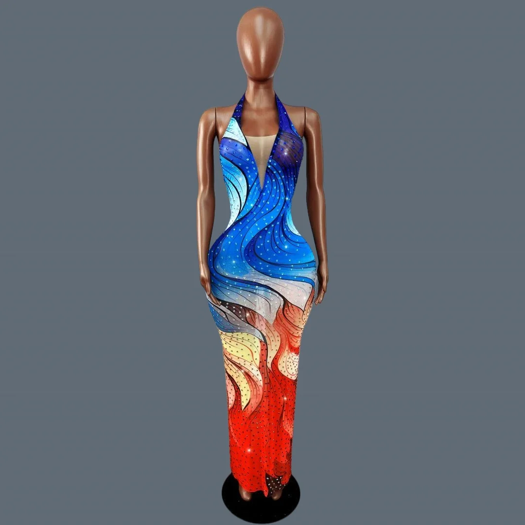 

Summer Gradient Blue Red Wave Rhinestone Halter Long Dress Sexy Women Sheer Mesh Bodycon Celebrate Party Evening Gown Shuicaihua