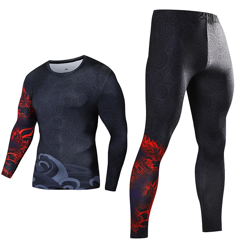 Men's Compression Two-Piece Set 3D Printed Chinese Dragon Pattern Leggings Bodysuits Gym Set Mens Tracksuit Compression