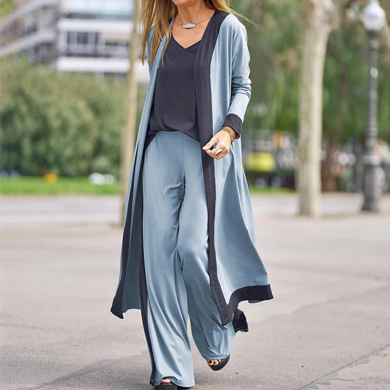 Solid Loose Spring Autumn Casual Three Piece Set Women\'s Office V-Neck Matching Suit Female Straight Pants Streetwear 3Pc Suit