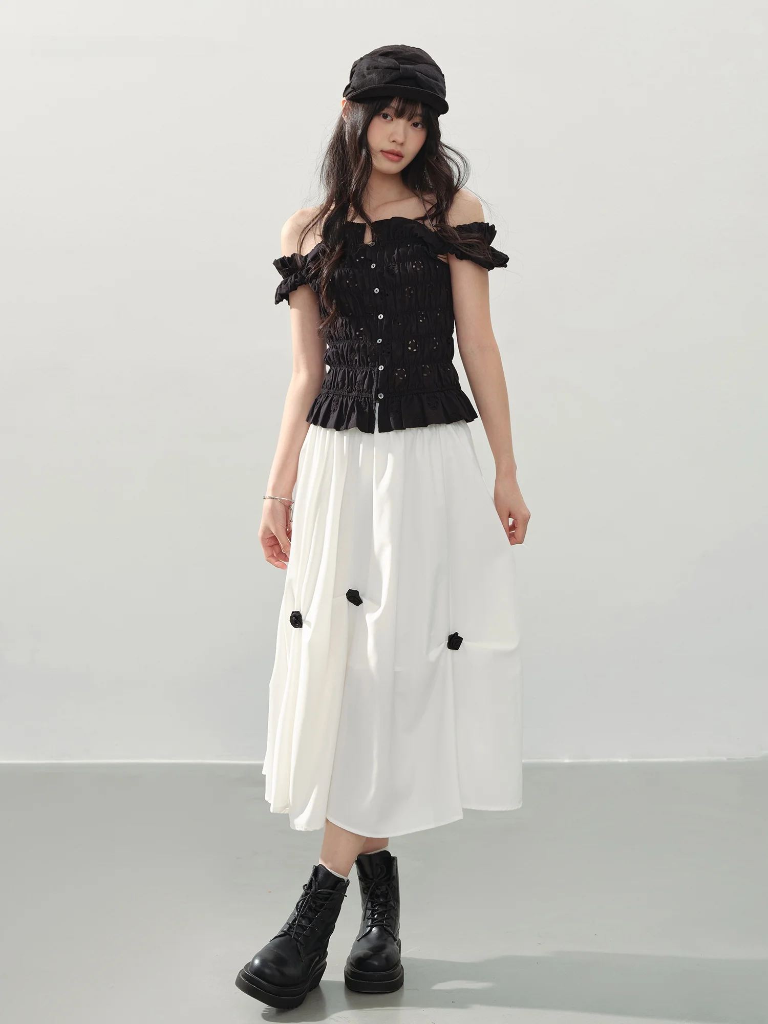 

Ddgirl White A-Line Skirt with Pleated 3D Flower Decoration Slimming Fullness High Waist Polyester Non-Stretch Summer Skirt