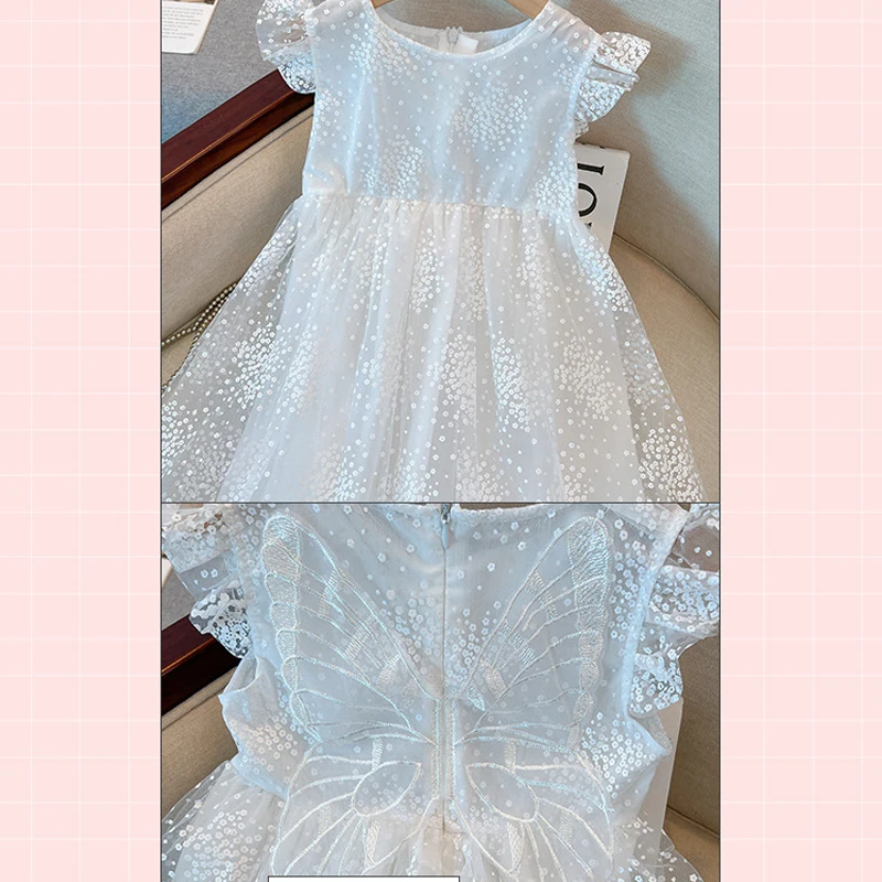 Humor Bear Girls Princess Dress Sleeveless Pure White Puffy Gauze Dress Butterfly Wings Casual Kids Clothing 2-6 Y