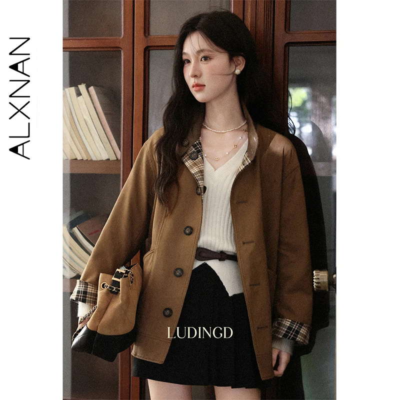 

ALXNAN винтажная коричневая куртка с лацканами, осенние новые элегантные женские куртки, осень 202, повседневные офисные женские пальто свободного покроя, женские L57207