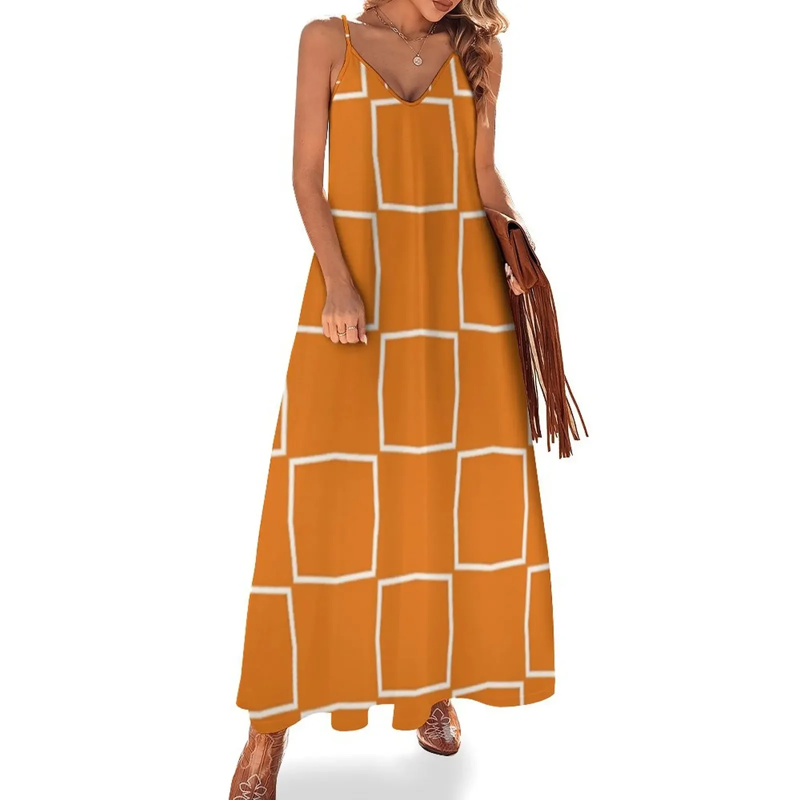 

Cute Orange and White Geometric Pattern Sleeveless Dress Female clothing Clothing Party dresses for women