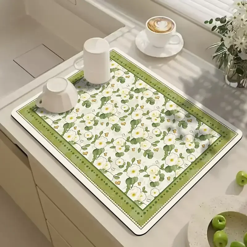 Kitchen Drainage Mat Vintage Mediterranean Tiles Mosaic Pad Super Absorbent Espresso Coffee Machine Placement Rug