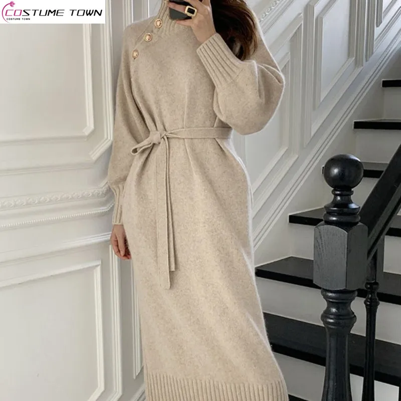 

Japanese and Korean Lace Up Waist Knitted Dress 2023 Autumn/winter New Versatile Loose High Necked Long Woolen Skirt