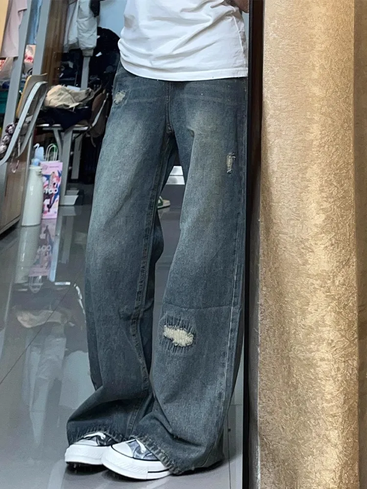 

Мужские джинсы из денима в стиле ретро, летние, тонкие, модные, свободные, повседневные, универсальные, прямые, с эффектом потертости и перфорацией