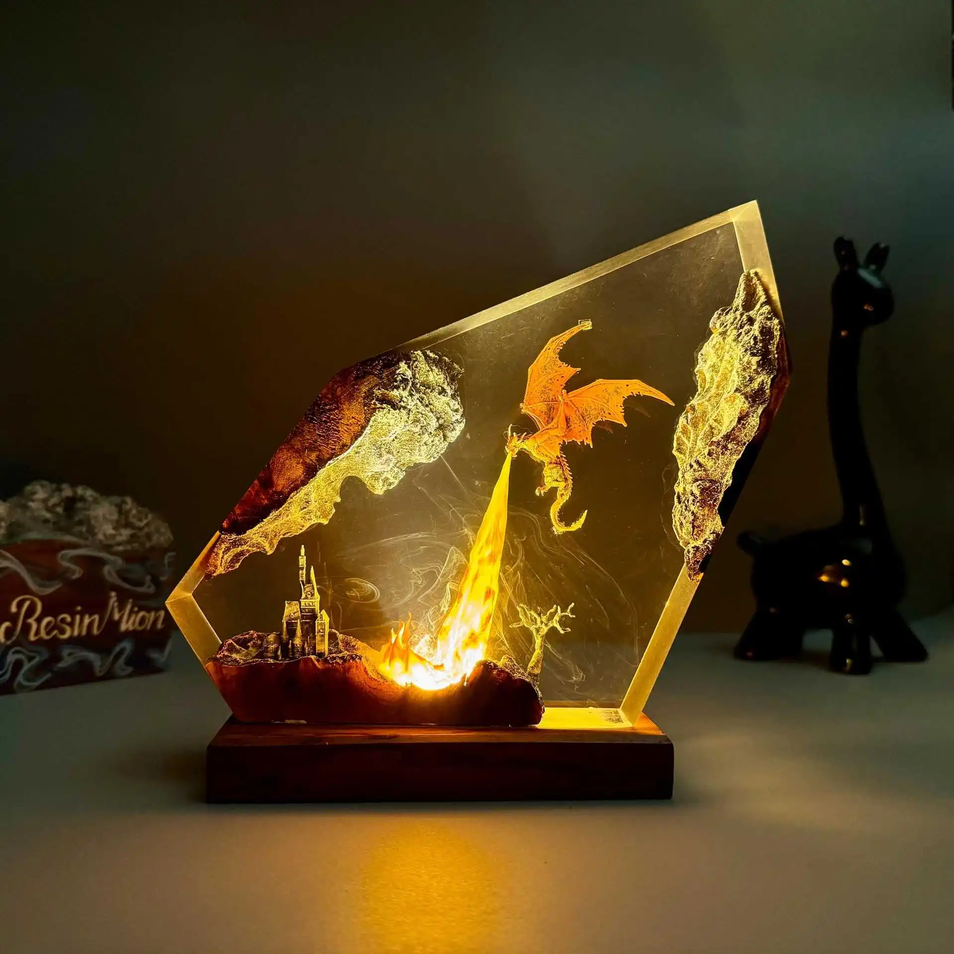 ZZ 2026 Handmade Epoxy Resin Night Light Fire Dragon Micro Landscape Desk Lamp Creative Home Decor Gift For Halloween Festival