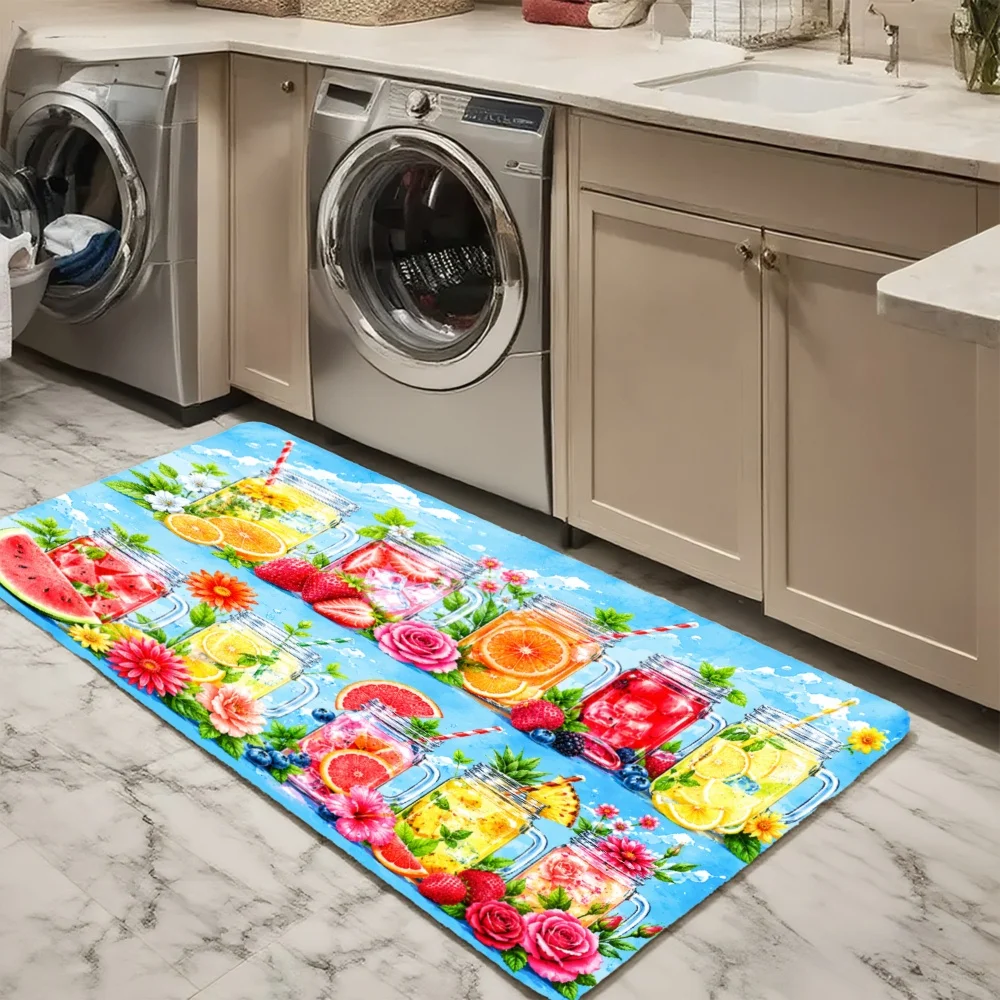 3PCS Mat Set,  Home Decoration for Front Door, Kitchen,  Fruit Flowers Blue Background Pattern Print Kitchen Rug.