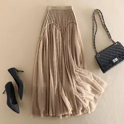 Elegant Women's Clothing Lace Spliced Mesh A-line High Waist Khaki Black Fashion Skirts Female 2024 Spring Summer