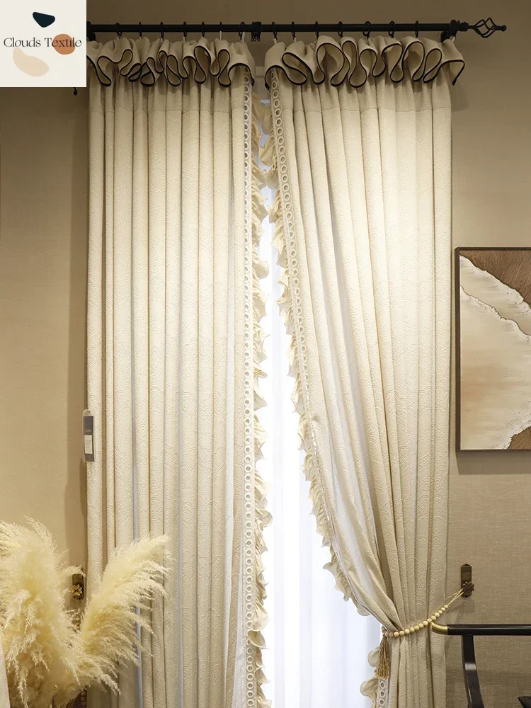 Jacquard Embossed Window Screen Curtains for Living Dining Room Bedroom Translucent Impermeable French Cream StyleBalcony