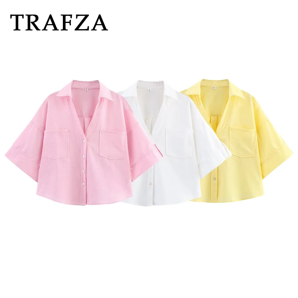

TRAFZA Chic 2025 Summer Solid Casual Flax Blouse Turn-down Collar Pocket Short Shirt Fashion Single Breasted Mujer Shirt