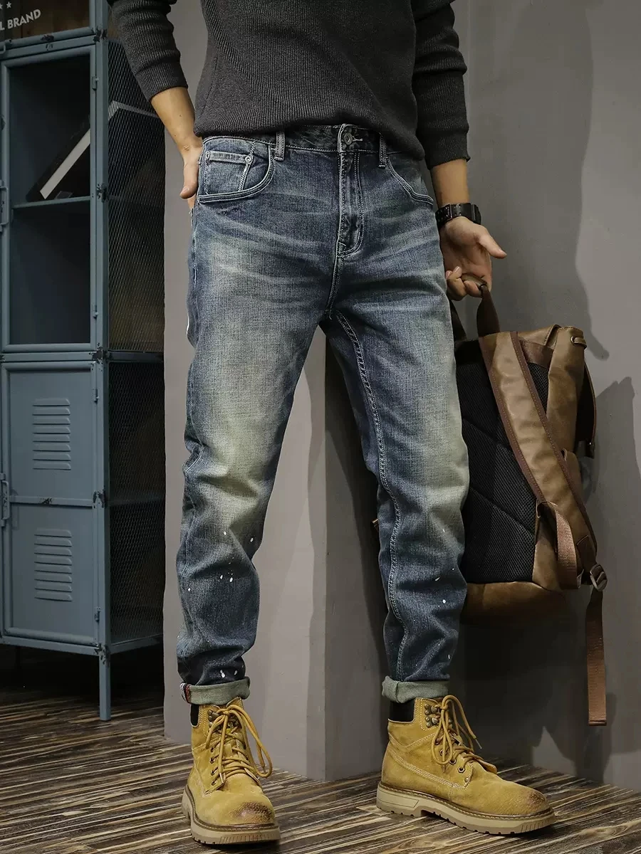 Streetwear Fashion Men Jeans Retro Blue Elastic Slim Fit Ripped Printed Jeans Men Vintage Trousers Casual Denim Pants Hombre