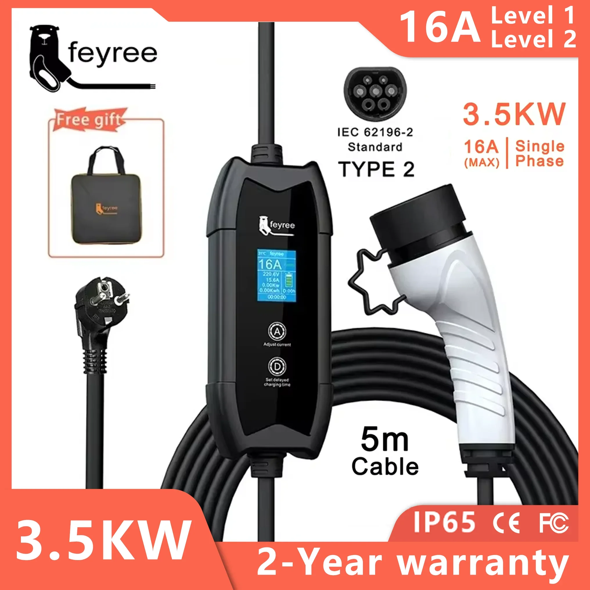 feyree EV Charger Type2 3.5KW 16A Portable Charging Box Set Current and Set Delay Time 5M Cable for Electric Vehicle Car Charger