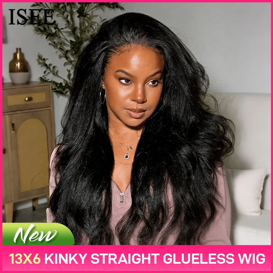 Новинка ISEE: Парик 13x6 без клея, прямой, с эффектом кинки, с предварительно нарезанным кружевом, готовый к носке, с кружевной передней частью от уха до уха, с невидимым шнурком.