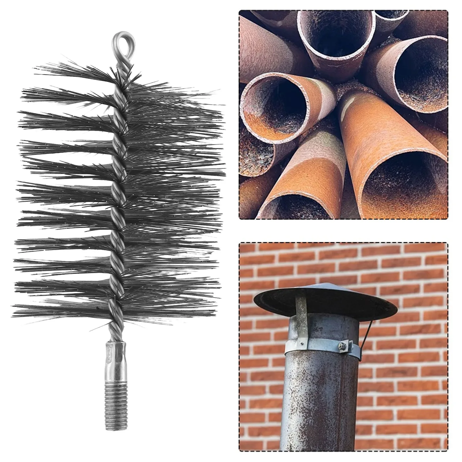 Steel Wire Chimney Cleaning Brush Round Sweep For Fireplace Flue Pipe Rust Removal And Deburring Tool With Thread Assembly