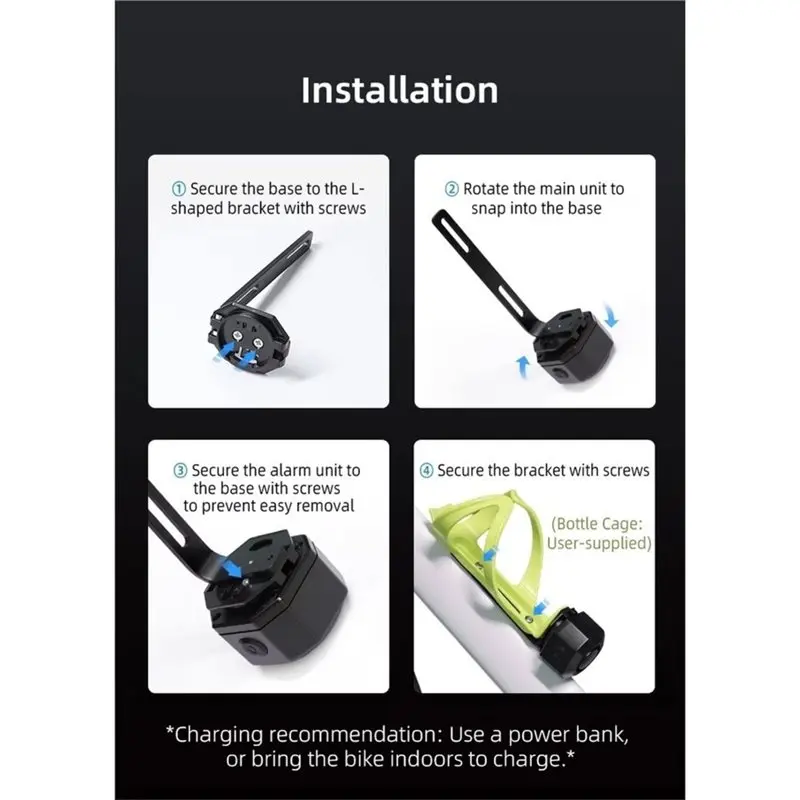 B50B-110Db Bike Alarm With L-Shaped Bracket,USB-C Recharge With Remote,IP65 Waterproof,229FT Wireless Range, Vibration Alarm