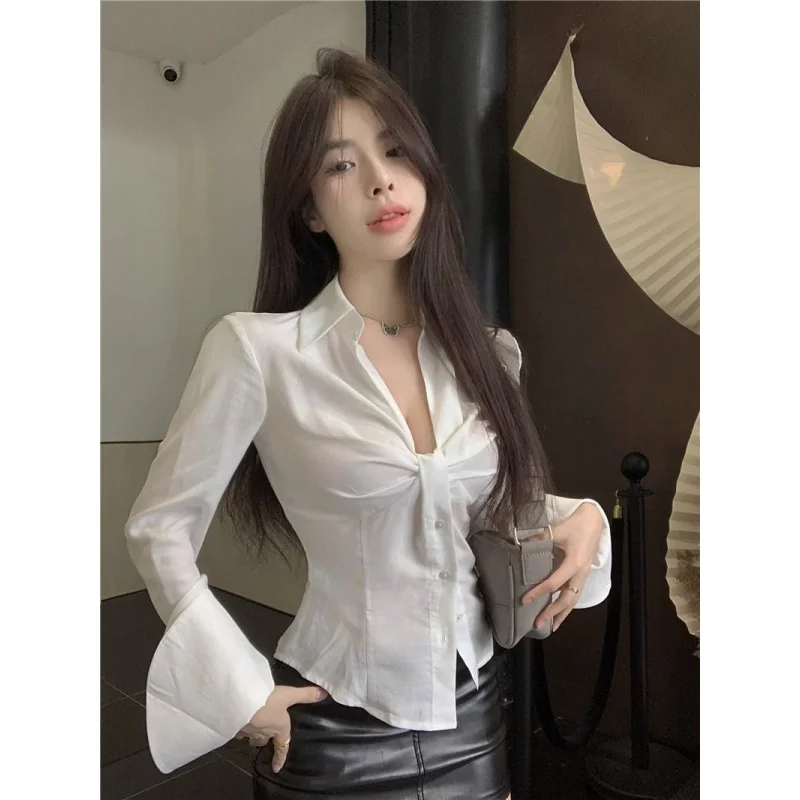 White V-neck Long Sleeve Shirt Women's Autumn Summer French Chic Shirt Slim Slimming Pleated Design Sense Niche Top