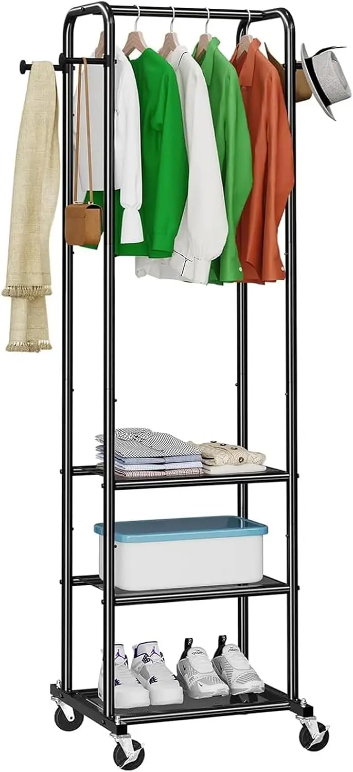 

73' Metal Clothing Rack with Wheels, 3-Shelf Rolling Garment Rack for Small Spaces, Black