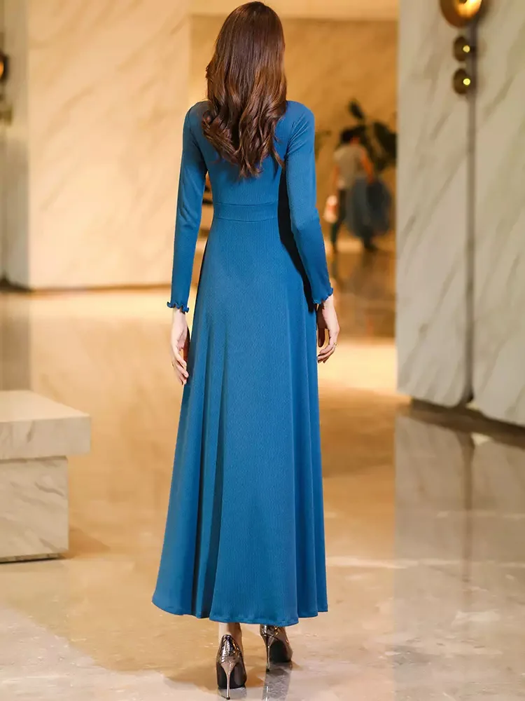 Nuove donne primavera autunno vestito a maglia Moda floreale patchwork O-collo manica lunga abito sottile Elegante abito blu lungo