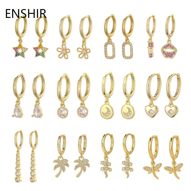 ENSHIR Gold Color Hoop Earrings for Women Men Star Zircon Pendant CZ Huggie Earrings Jewelry Wholesale