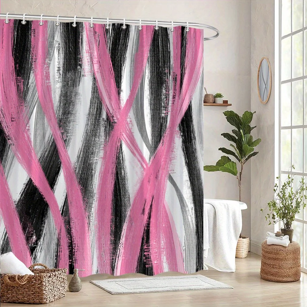 

1, розовая и черная абстрактная занавеска для душа с цифровым искусством, полиэфирная ткань, можно стирать в машине, с крючками