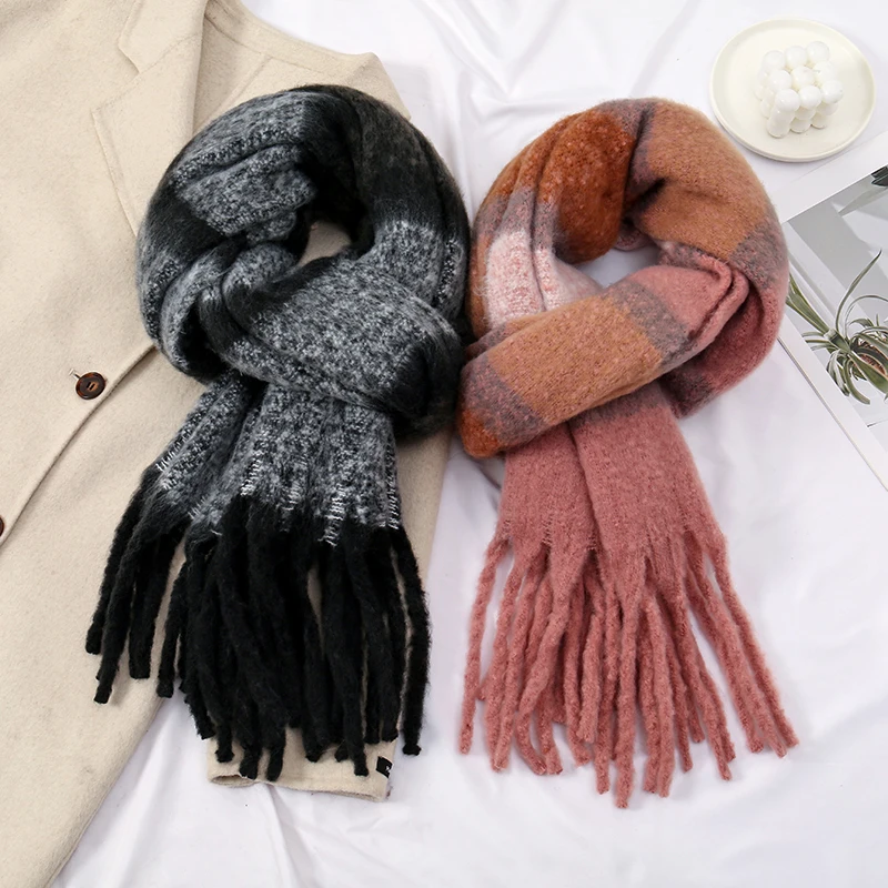 Winter Thick Stripe Cashmere Scarf Pashmina Tassels Shawls For Woman Lady Fashion Large Wraps Soft Warm Muffler Famale Scarves