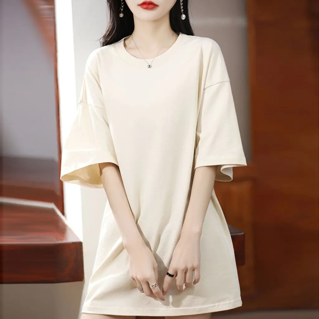 

Женская длинная футболка в корейском стиле, хлопковый топ с короткими рукавами и большими плечами, весна-лето, модный повседневный топ