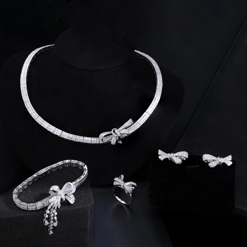

BELLUX S925 Pure Silver White Full Diamond Necklace Bowknot Bracelet Earrings Ring Party Wedding Jewelry Set