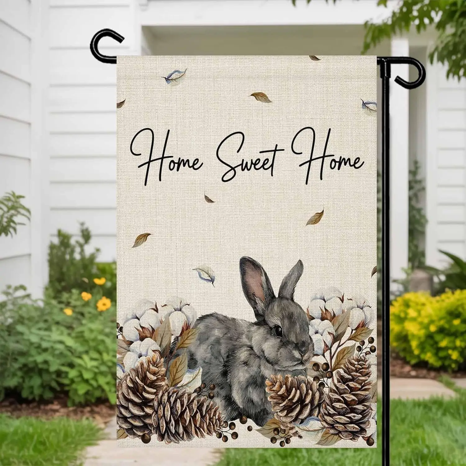 Welcome Garden Flag Country Rabbit Sweet Home Text Double Sided House Flags Yard Decoration, Farm Pinecone Berry Retro Linen IIC