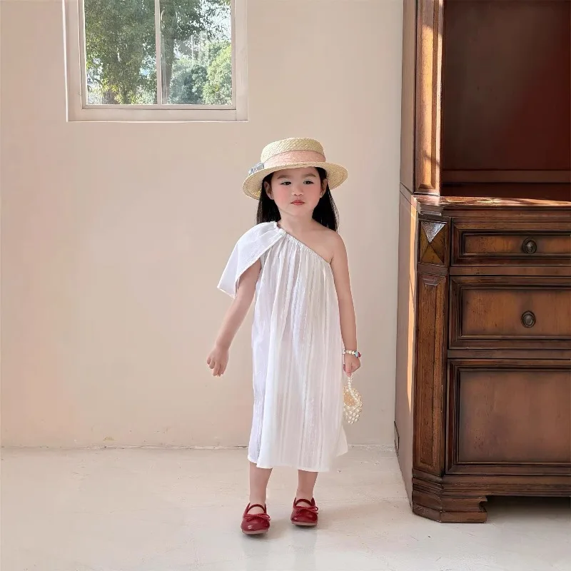 2026 Summer Girls' Seaside Vacation Style Long Dress with White Slanted Off Shoulder Flying Sleeve Princess Dress